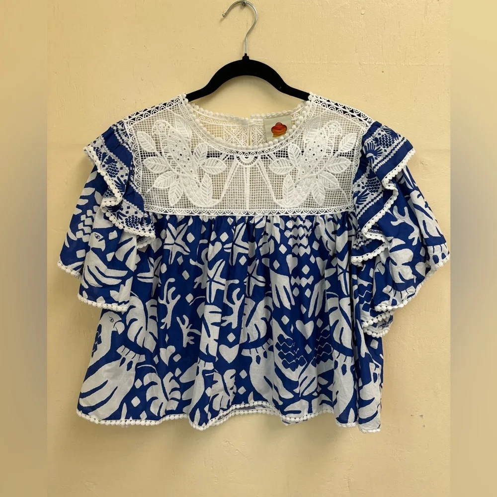 FARM RIO Navy Blue Jungle Scarf Lace Ruffle Sleeve Blouse - Picture 11 of 16